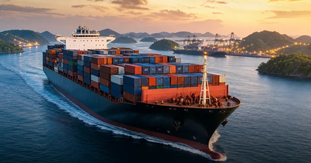 Kapal peti kemas dan pelabuhan sebagai ilustrasi perkembangan logistik Pontianak dan Mempawah.