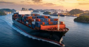 Kapal peti kemas dan pelabuhan sebagai ilustrasi perkembangan logistik Pontianak dan Mempawah.