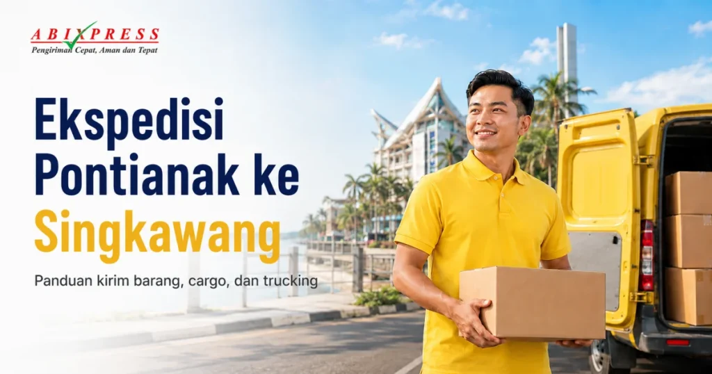 Banner sinematik layanan pengiriman ABI Express dari Pontianak ke Singkawang.
