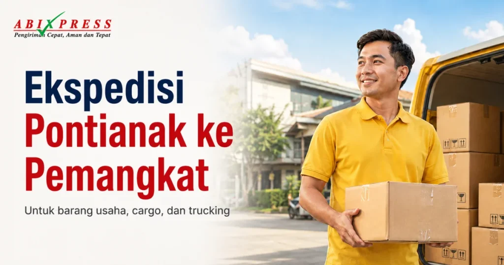 Banner sinematik layanan pengiriman ABI Express dari Pontianak ke Pemangkat.