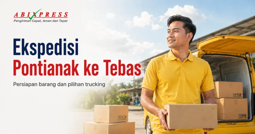 Banner sinematik layanan pengiriman ABI Express dari Pontianak ke Tebas.