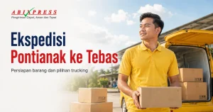 Banner sinematik layanan pengiriman ABI Express dari Pontianak ke Tebas.
