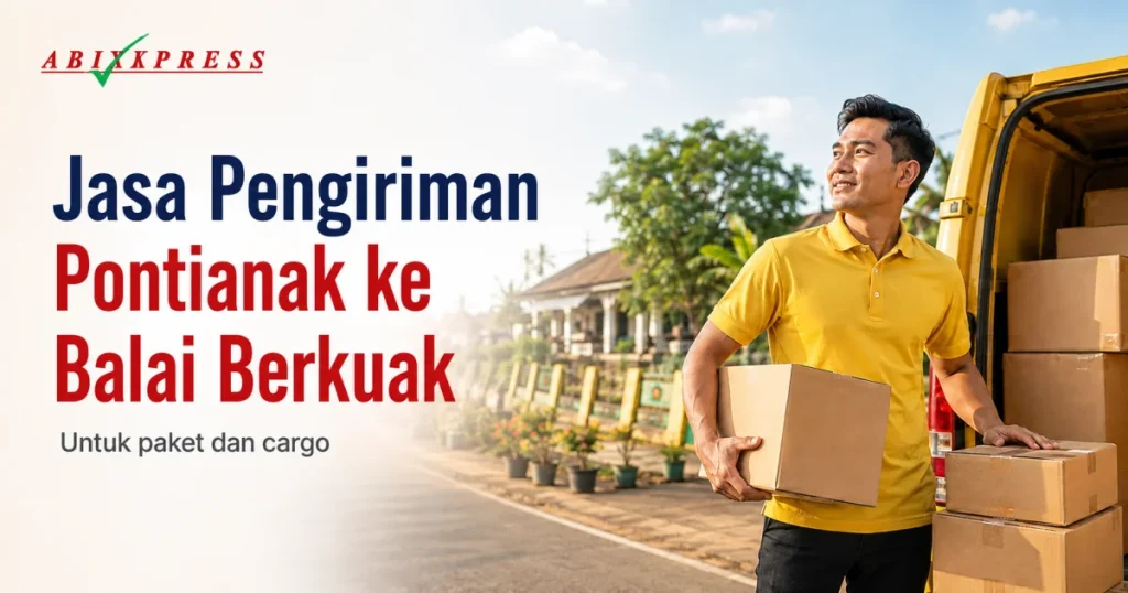 Banner sinematik layanan pengiriman ABI Express dari Pontianak ke Balai Berkuak.