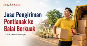 Banner sinematik layanan pengiriman ABI Express dari Pontianak ke Balai Berkuak.