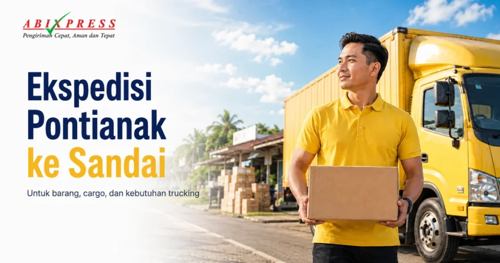 Banner sinematik layanan pengiriman ABI Express dari Pontianak ke Sandai.